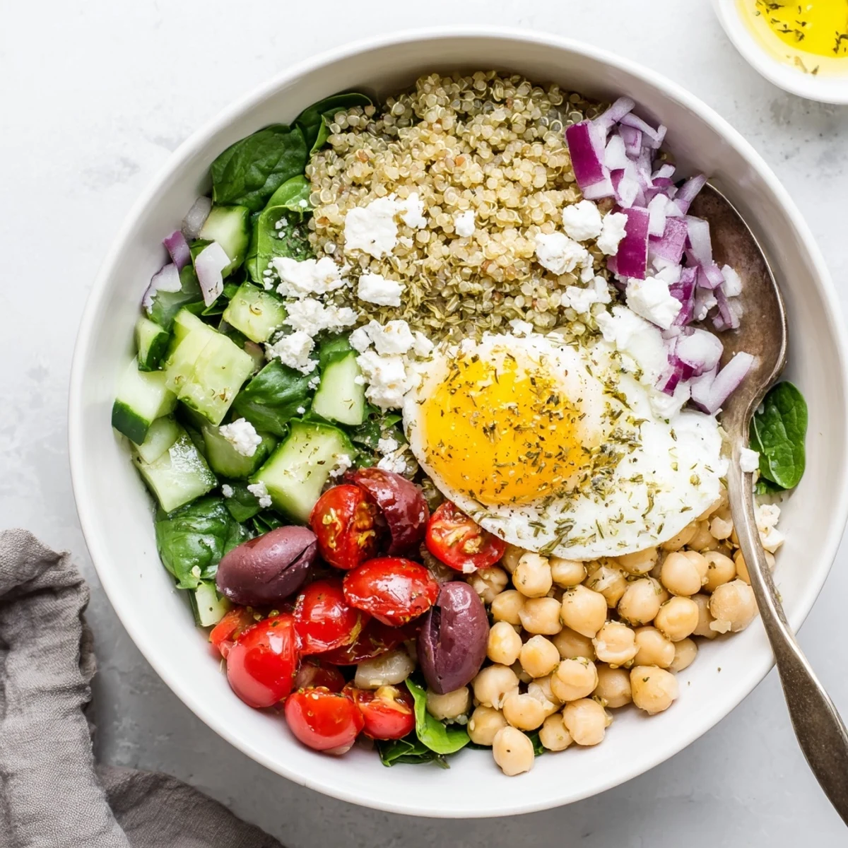 A vibrant Mediterranean Breakfast Bowls topped with a sunny fried egg and fresh tomatoes.