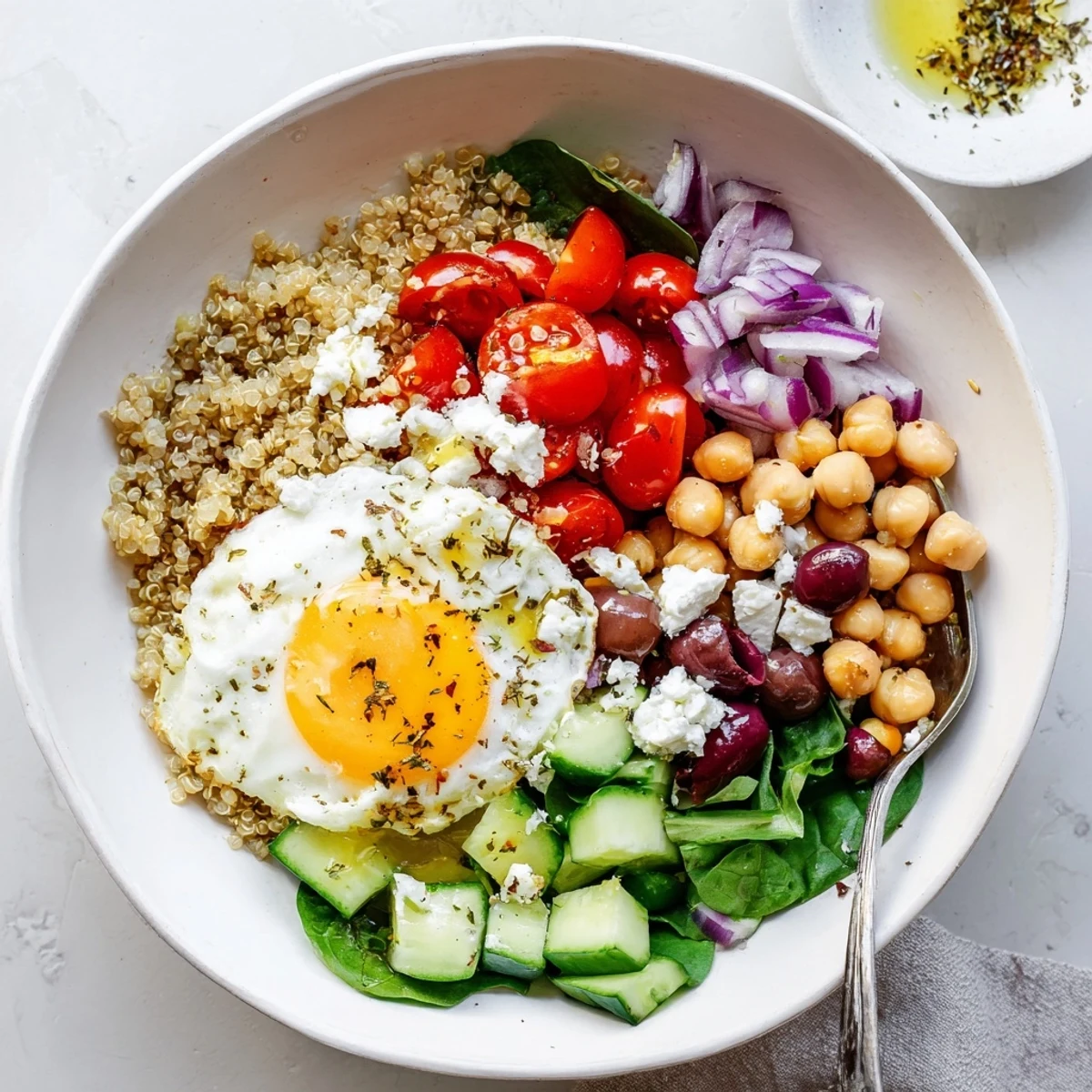 Enjoy these colorful Mediterranean Breakfast Bowls with a drizzle of olive oil and juicy chickpeas.