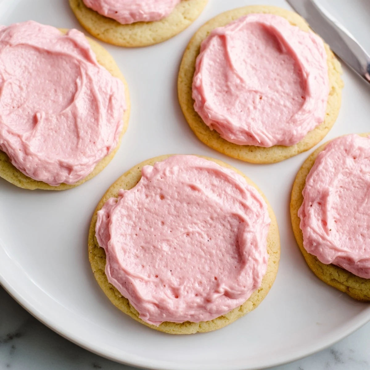 A close-up of large, soft Crumbl Sugar Cookies with thick, creamy pink almond frosting, ready for a party platter.