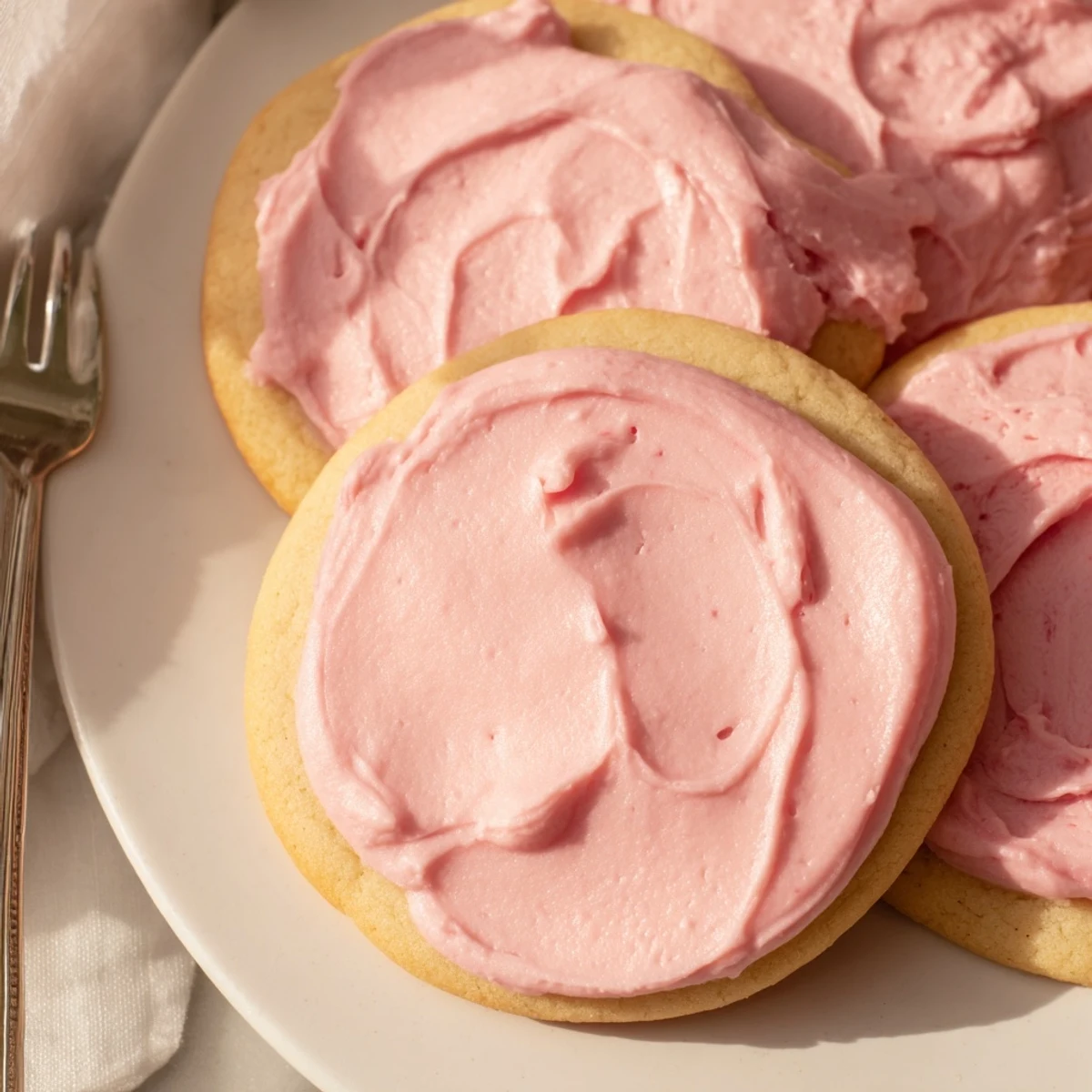 Bakery-style Crumbl Sugar Cookies sit on a wire cooling rack with smooth pink almond frosting and a soft, thick texture.