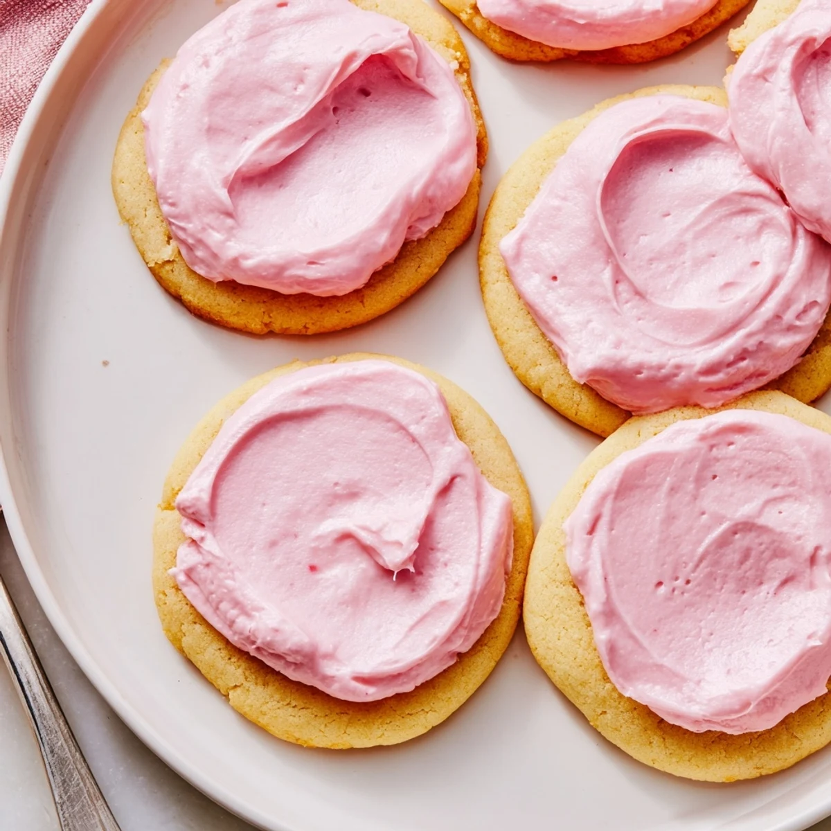 Overhead view of freshly baked Crumbl Sugar Cookies frosted with pink almond icing, perfect for sharing at gatherings.