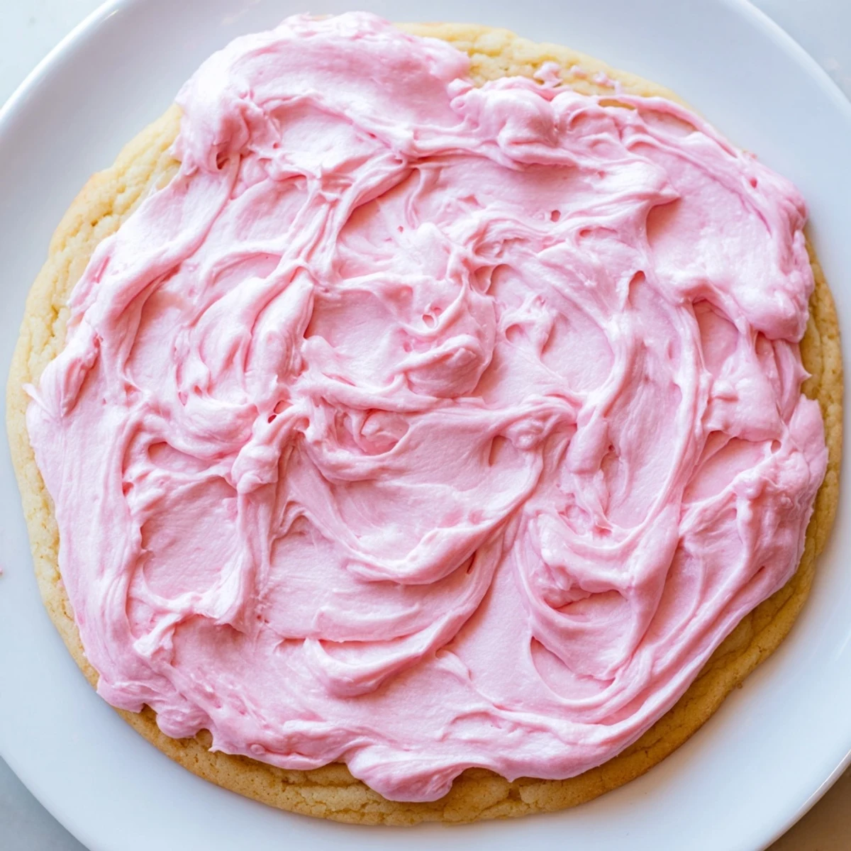 Freshly frosted Giant Chilled Crumbl Sugar Cookies arranged on a cooling rack with pink vanilla icing swirls.  