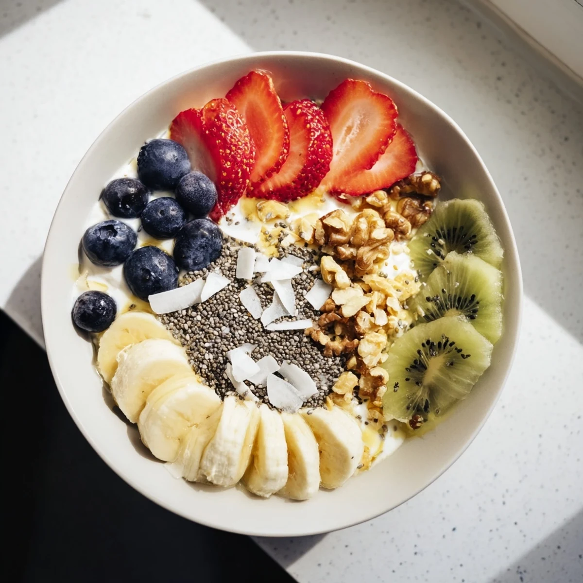 A nourishing Healthy Breakfast Bowl with Greek yogurt base, fresh fruit toppings, chia seeds, and golden granola on a wooden table.
