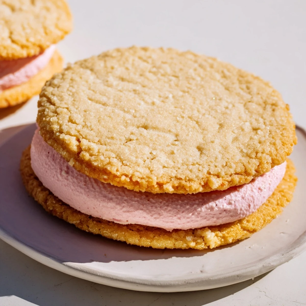 Pastel Sugar Cookie Sandwiches stacked high on a serving platter, showing delicate buttery cookies with vibrant pastel buttercream filling for spring gatherings.