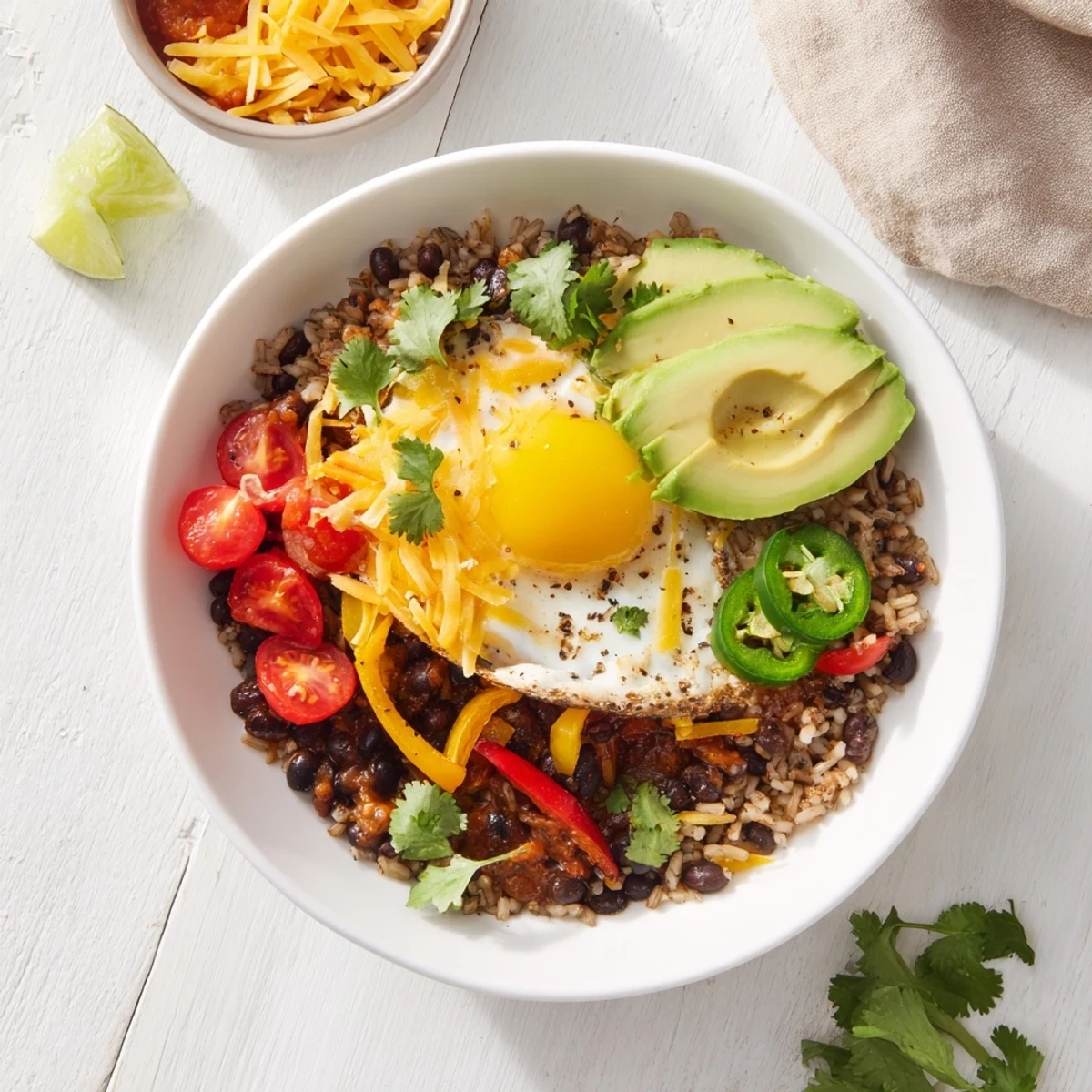 Warm Tex Mex Inspired Breakfast Bowls feature fluffy brown rice topped with sautéed bell peppers and onions.