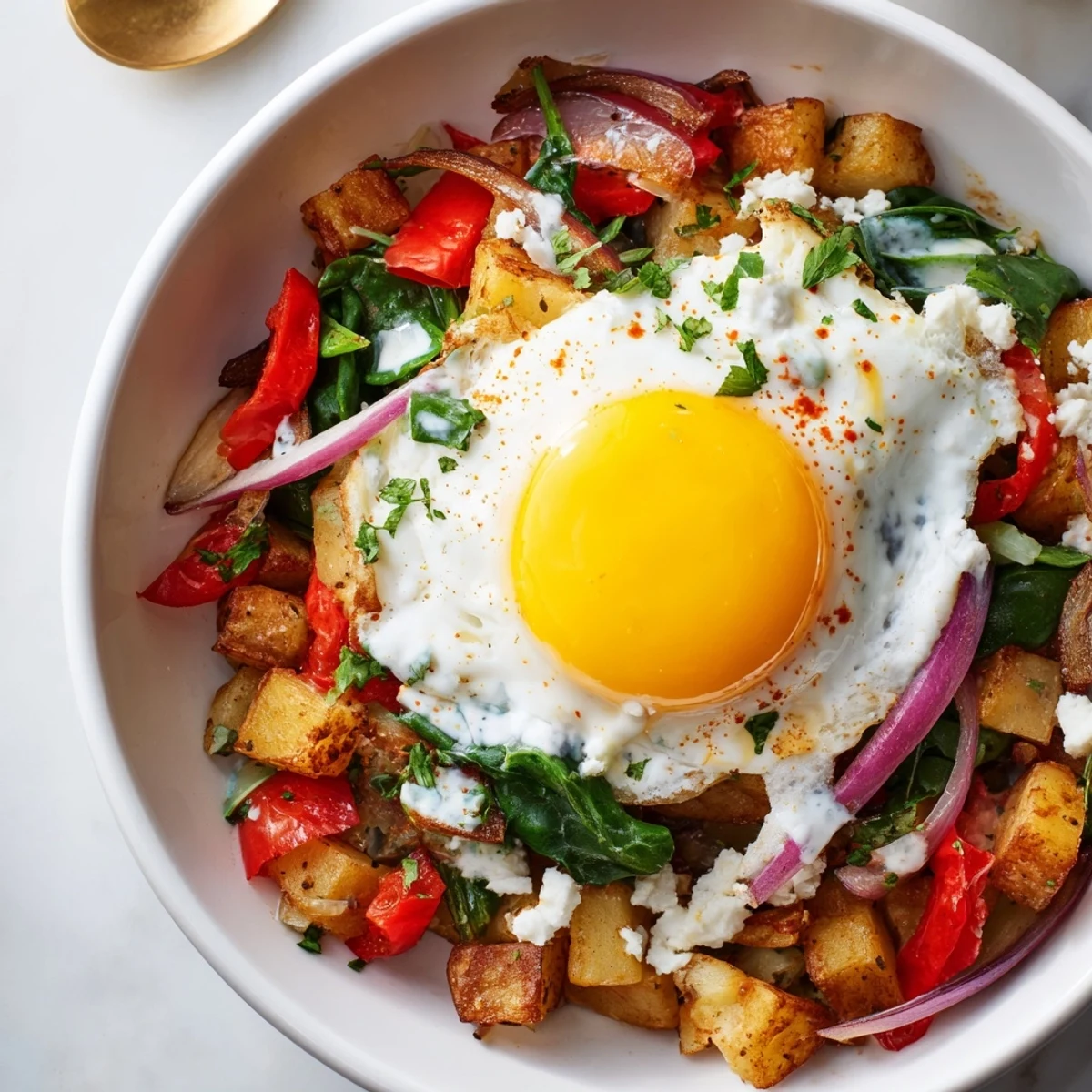 Vibrant Savory Breakfast Bowl with crispy potatoes, sautéed spinach, and a runny egg topped with zesty yogurt sauce.