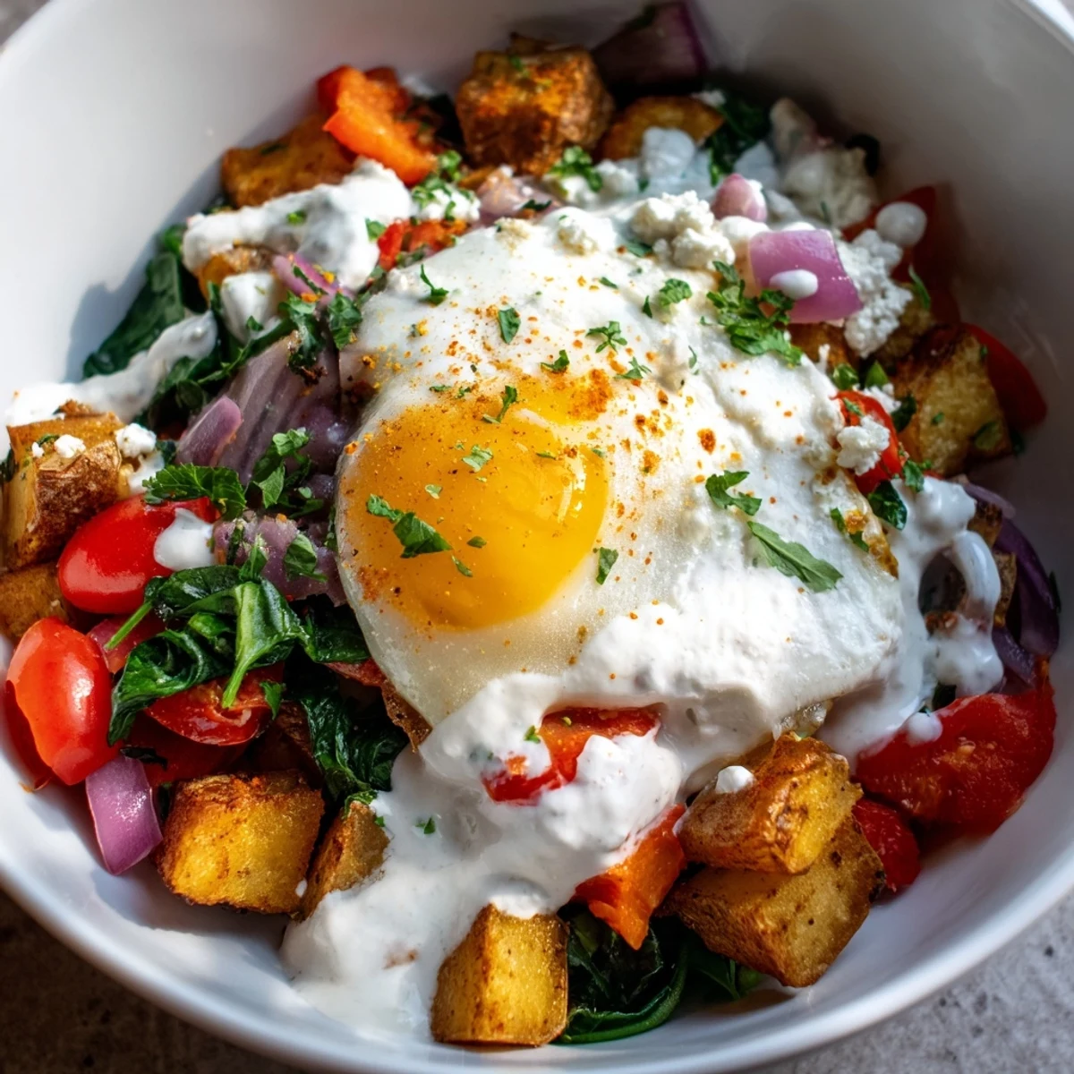 Close-up of a Savory Breakfast Bowl featuring roasted cherry tomatoes, bell peppers, and creamy feta garnish on a rustic table.