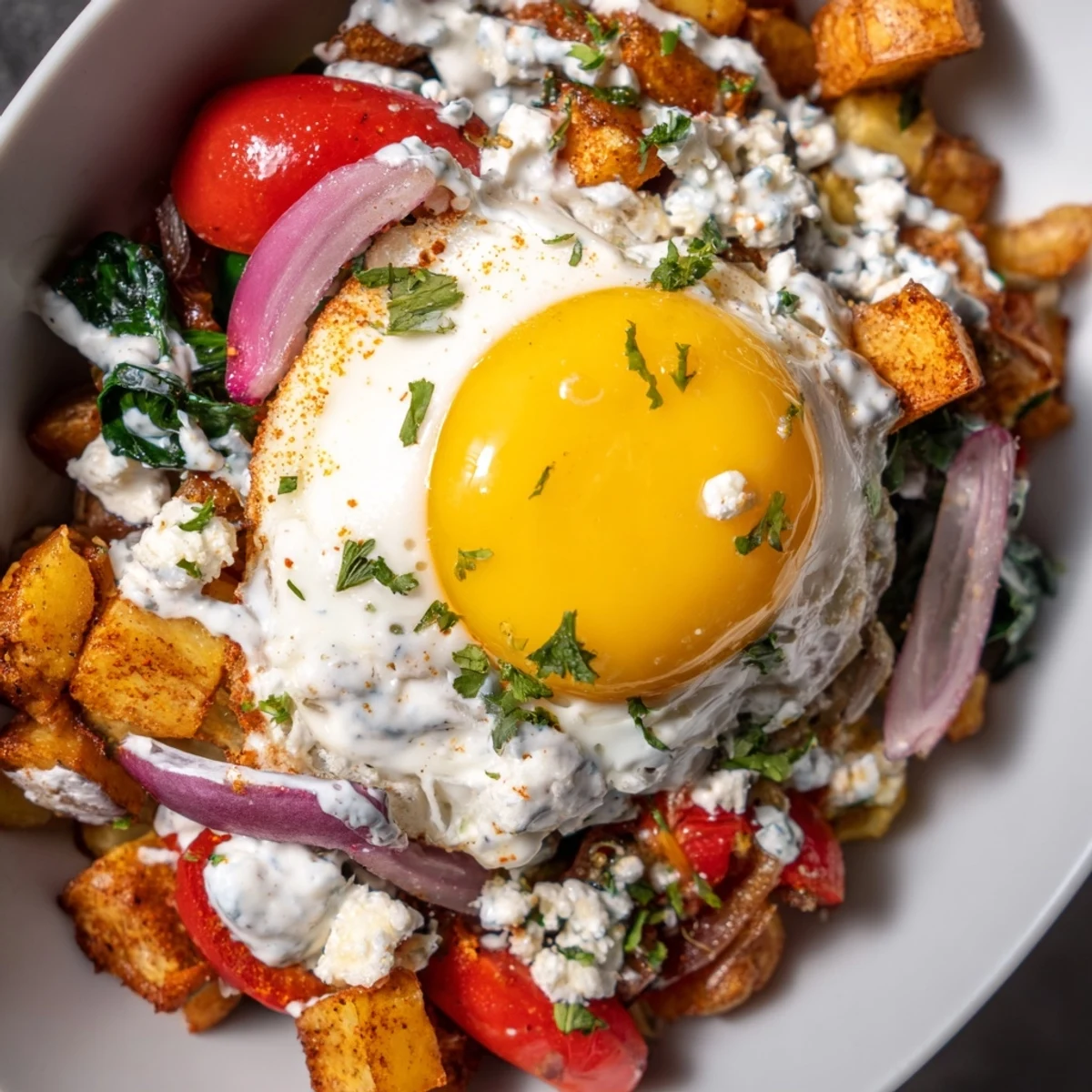 Serving suggestion for a Savory Breakfast Bowl with golden potatoes, fresh herbs, and tangy yogurt drizzle ready to enjoy.
