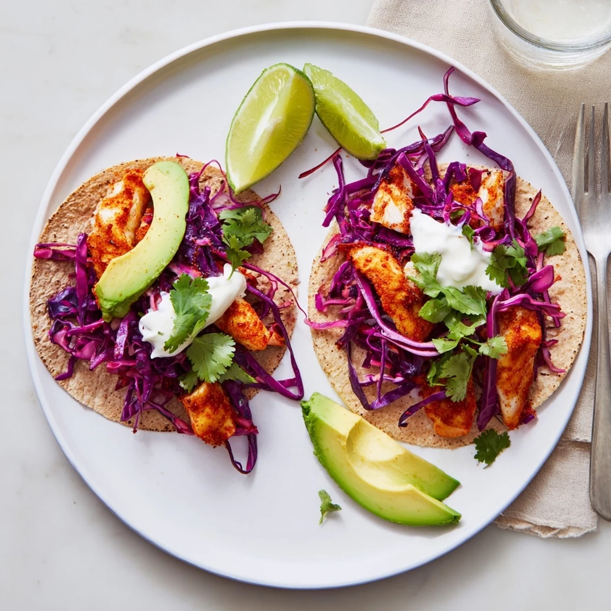 Easy As Aussie Barra Tacos stacked with vibrant red cabbage slaw and creamy avocado slices.