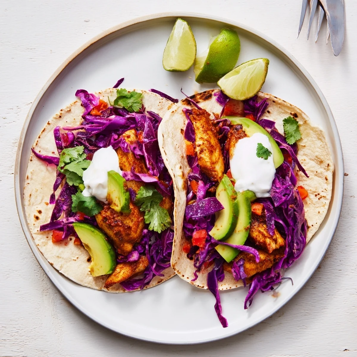 Freshly assembled Easy As Aussie Barra Tacos garnished with cilantro and a dollop of sour cream.