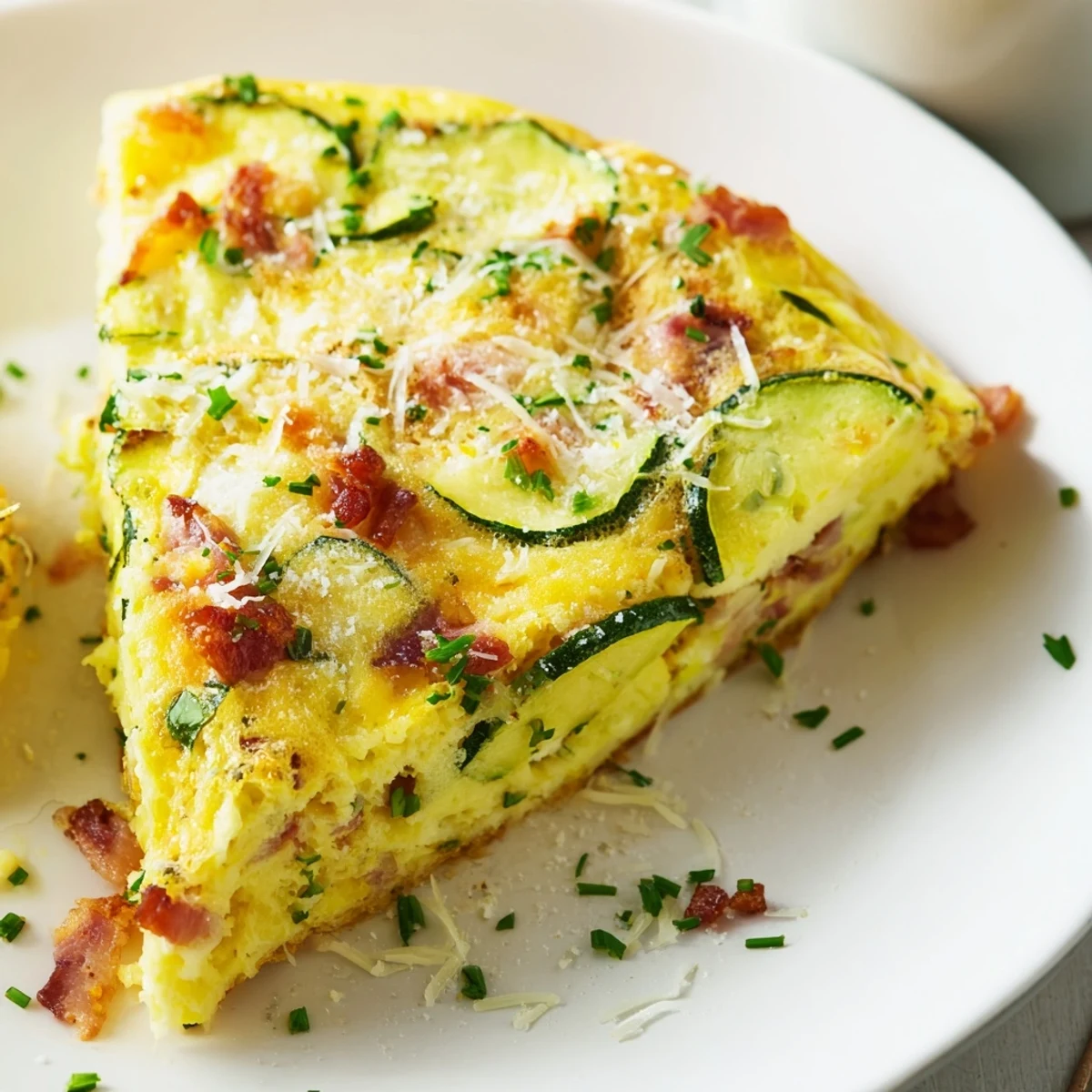 A close-up of a freshly baked Zucchini Herb and Pancetta Frittata in a skillet, featuring golden-brown edges and a fluffy, creamy center.