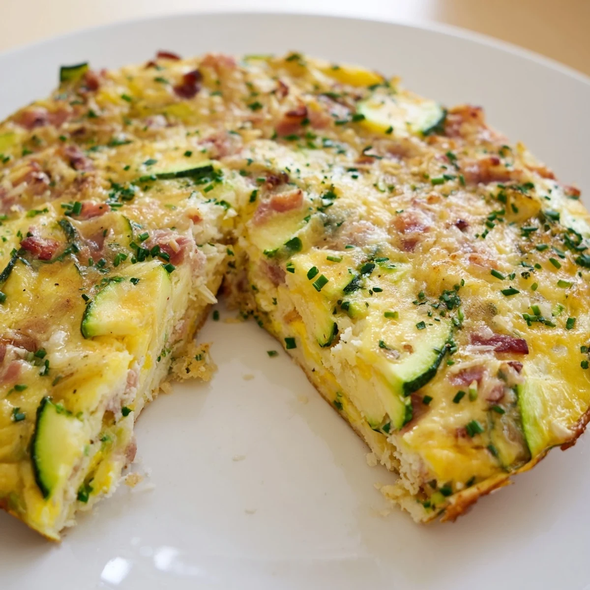 Sliced wedges of Zucchini Herb and Pancetta Frittata are served on a white plate, garnished with fresh herbs and a light salad.