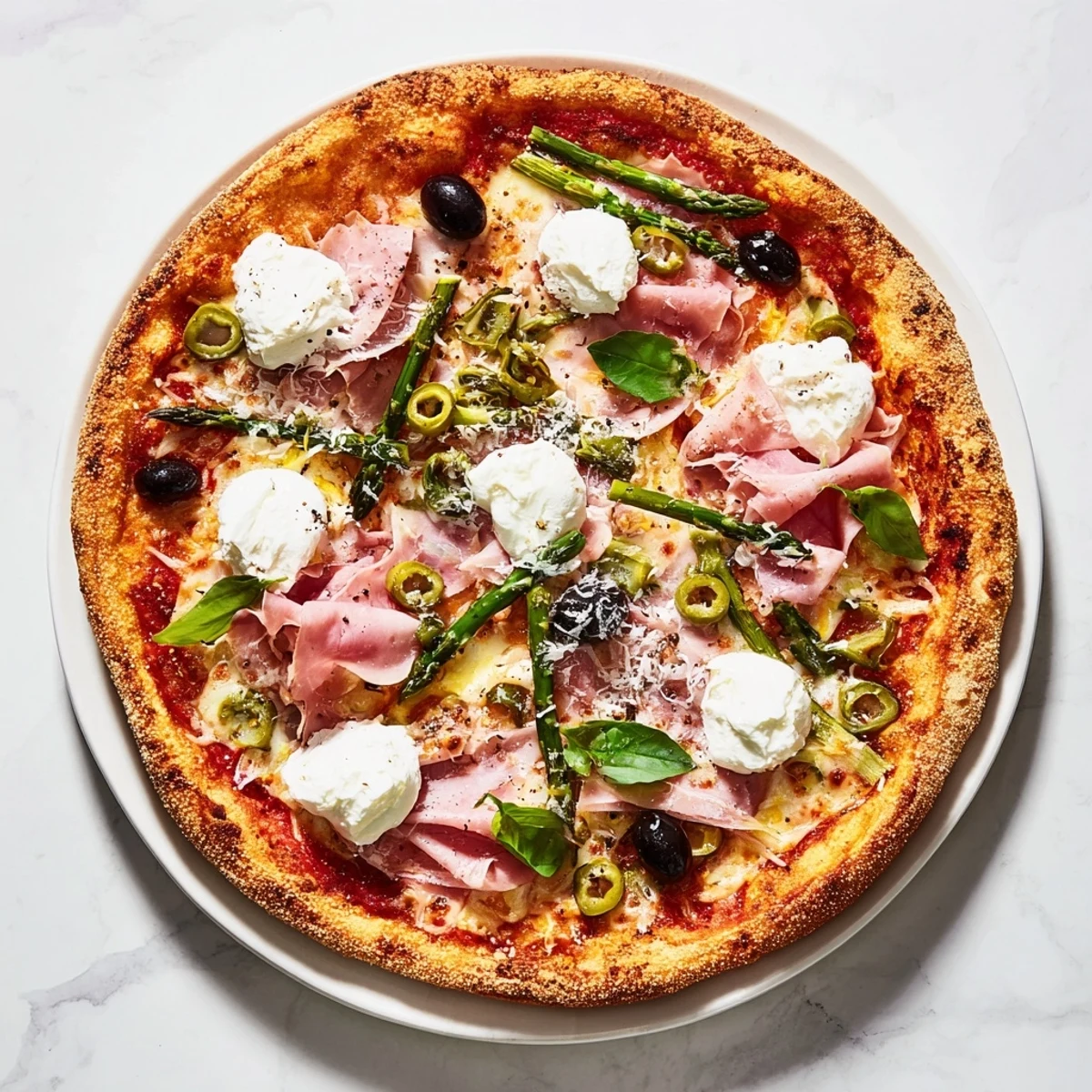 Golden crust Ham, Olive, Asparagus, and Ricotta Pizza with melted cheese, savory ham, and bright green asparagus slices.