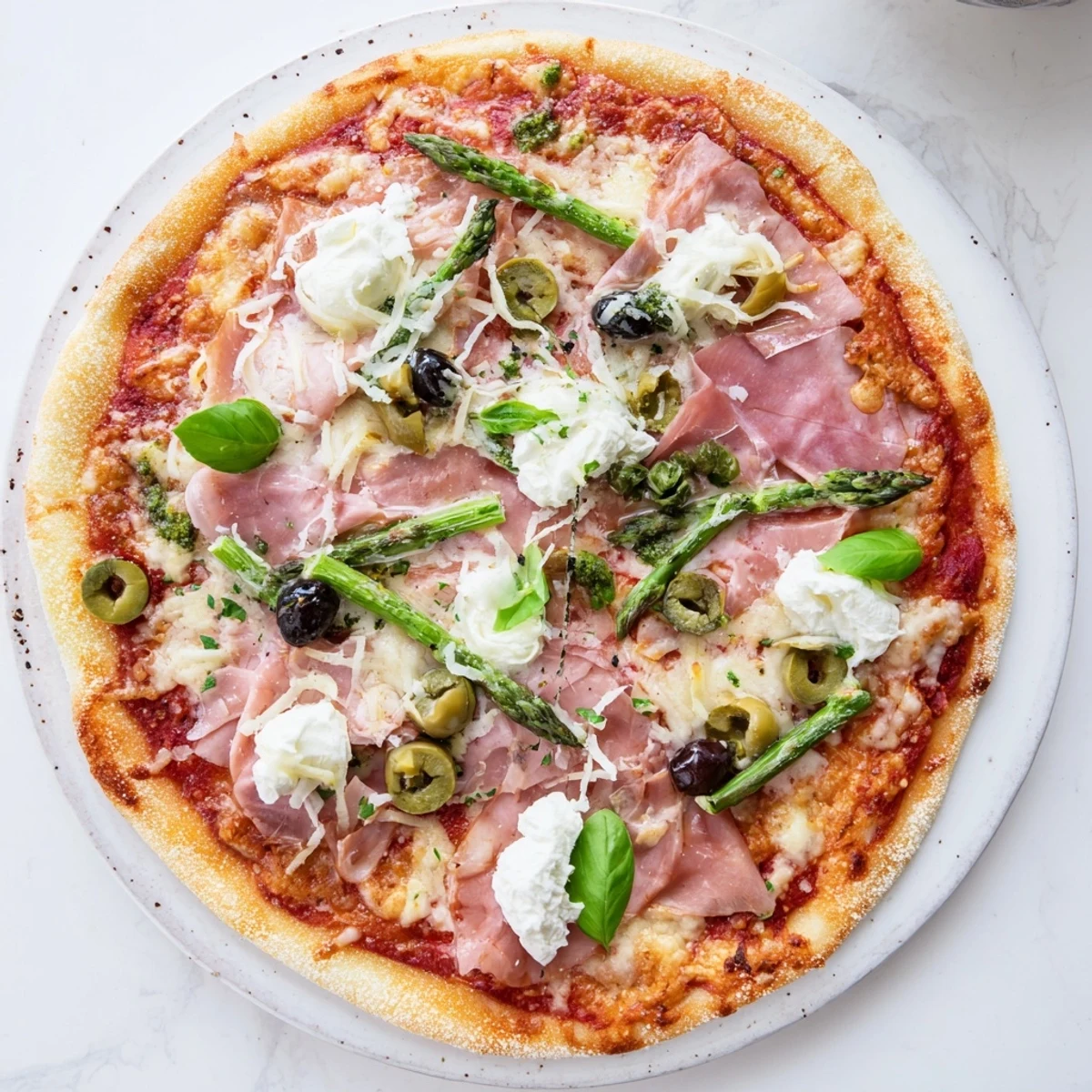 A slice of Ham, Olive, Asparagus, and Ricotta Pizza shows olives, creamy ricotta dollops, and fresh basil garnish.
