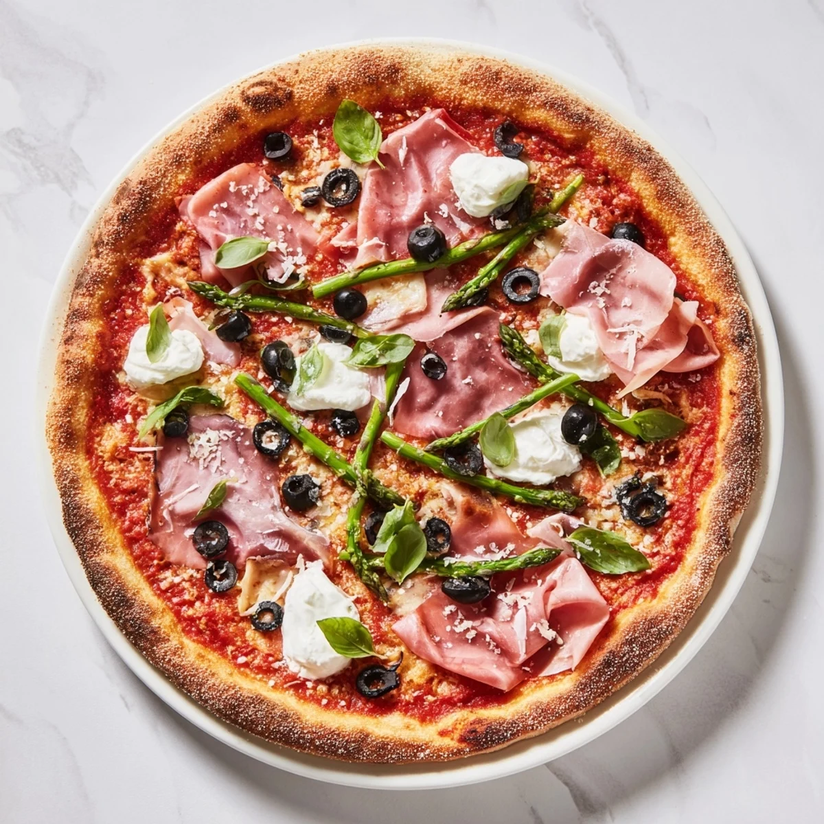 Close-up of Ham, Olive, Asparagus, and Ricotta Pizza baked on a pan, topped with ham and tender asparagus pieces.