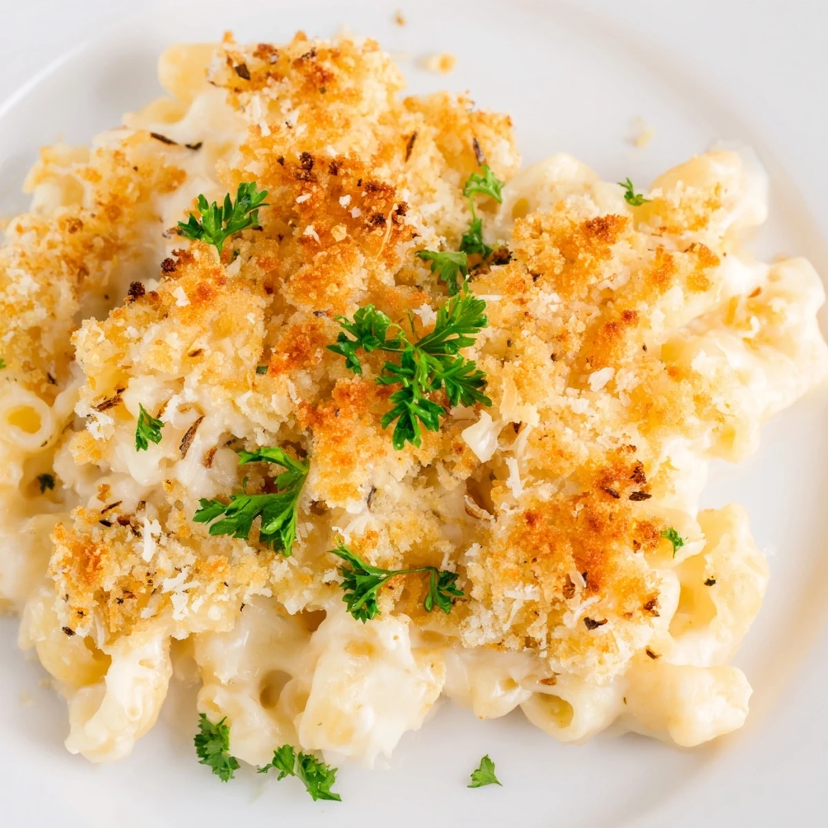 Steaming baked mac and cheese in a casserole dish with a golden panko crust.