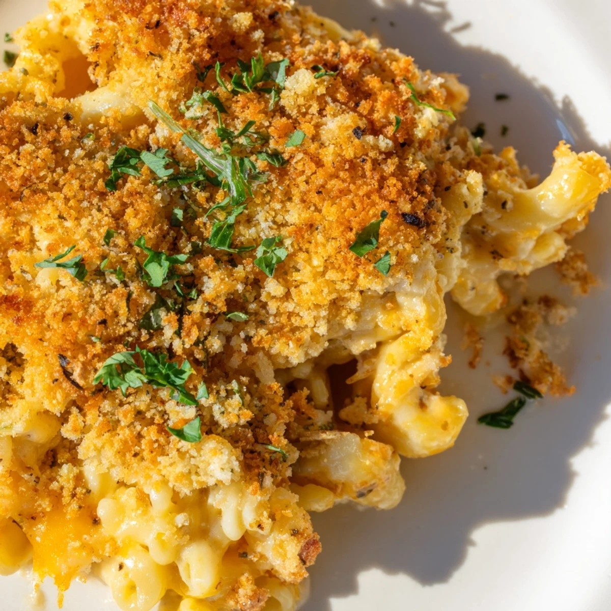 Golden baked mac and cheese features crunchy panko topping and melted cheddar cheese sauce.