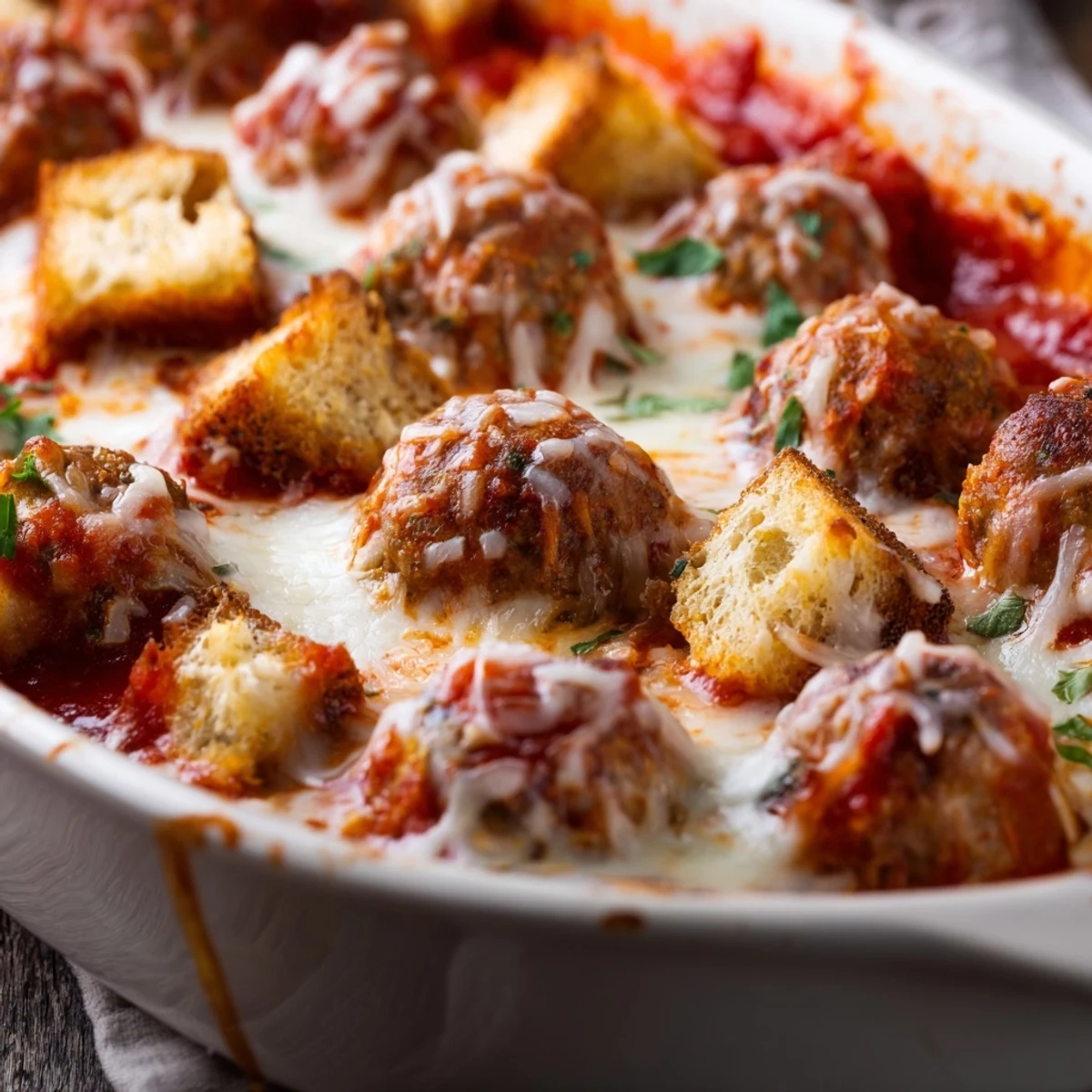A close-up of the Turkey Meatball and Garlic Bread Bake shows golden, crispy bread cubes topping melted mozzarella and rich marinara sauce. 