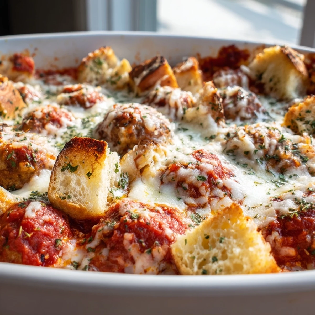 In this Turkey Meatball and Garlic Bread Bake, juicy turkey meatballs simmer in tomato sauce beneath a crusty garlic bread layer. 