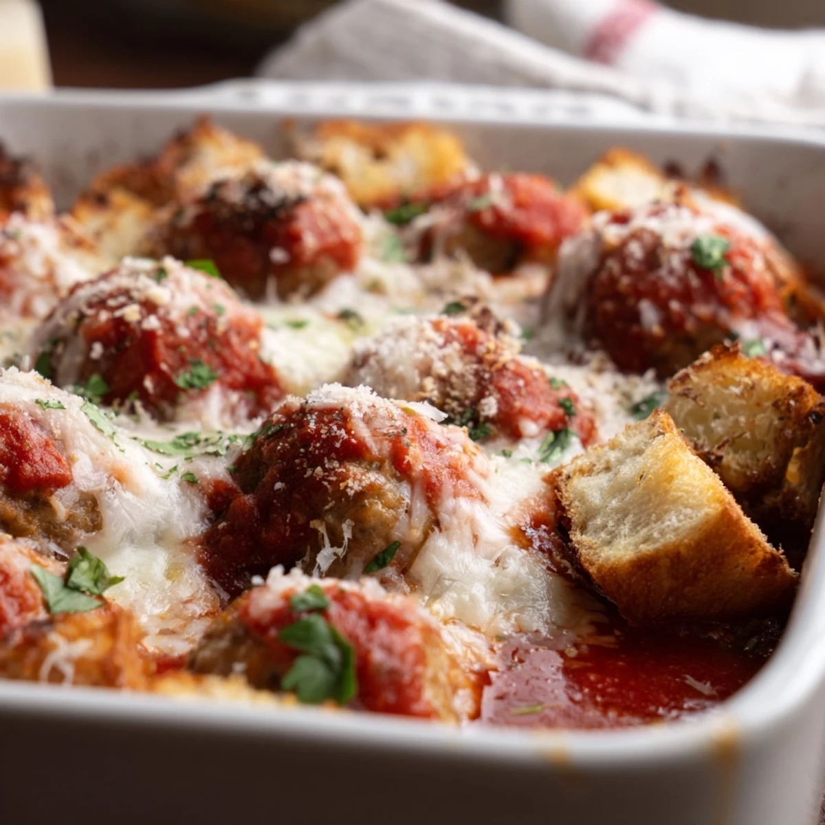 Serving suggestion for Turkey Meatball and Garlic Bread Bake shows bubbly cheese and herbs on a rustic table, ready to enjoy.