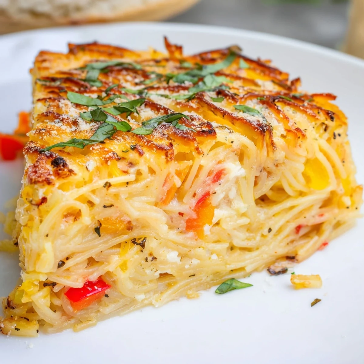 Steaming slices of Impossible Pasta Pie reveal golden cheesy edges, tender spaghetti, and vibrant bell pepper specks on a dinner plate.