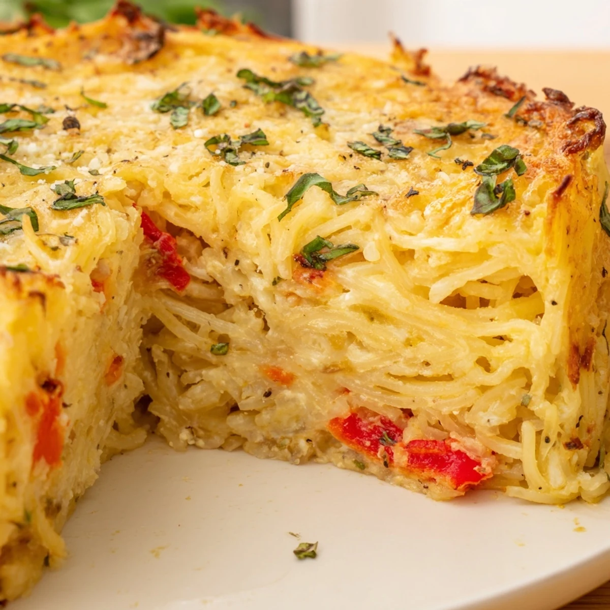 Family-style Impossible Pasta Pie rests in a ceramic dish, with melted Parmesan top and steam rising invitingly for serving.