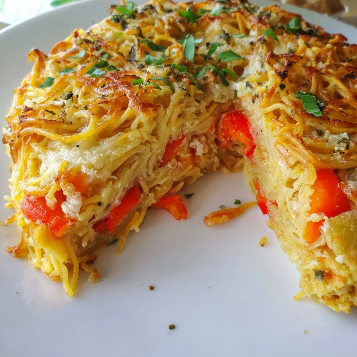 A close-up of Impossible Pasta Pie shows a custardy slice, fresh basil garnish, and a garden salad alongside for balance.