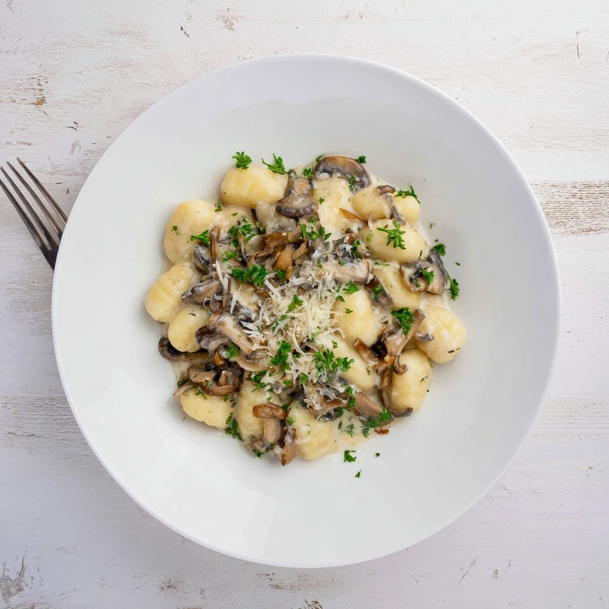Creamy Mushroom Gnocchi featuring tender dumplings bathed in a velvety mushroom and garlic cream sauce with fresh parsley.