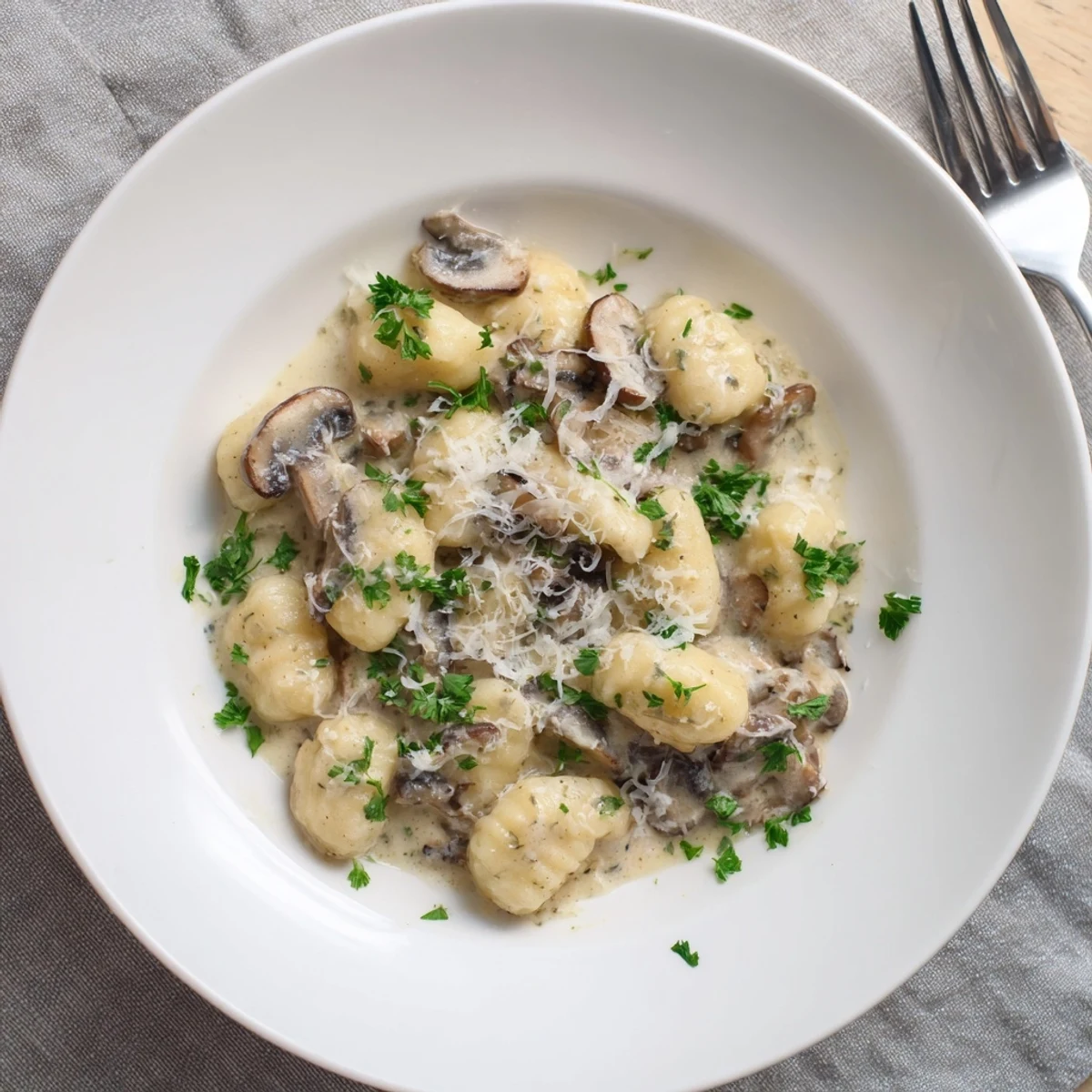 Serving suggestion for Creamy Mushroom Gnocchi plated with a sprinkle of herbs, showcasing the rich sauce and soft dumplings.