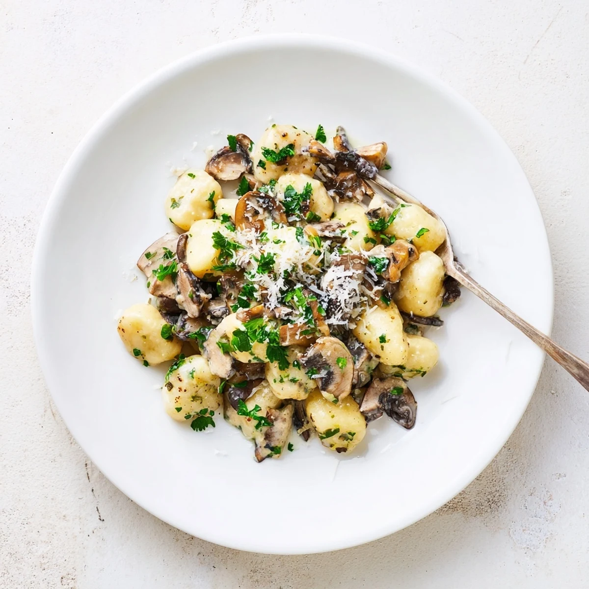 A close-up of Creamy Mushroom Gnocchi in a shallow bowl, highlighting golden mushrooms and melted Parmesan for a cozy dinner.