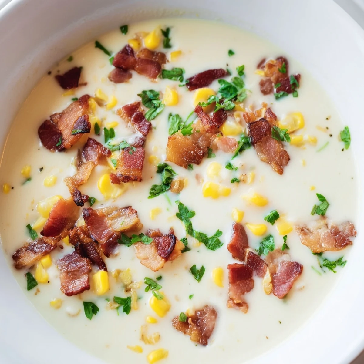 Creamy Hot Yoghurt Soup with Corn, Bacon, and Coriander served steaming in a rustic bowl with garnish.