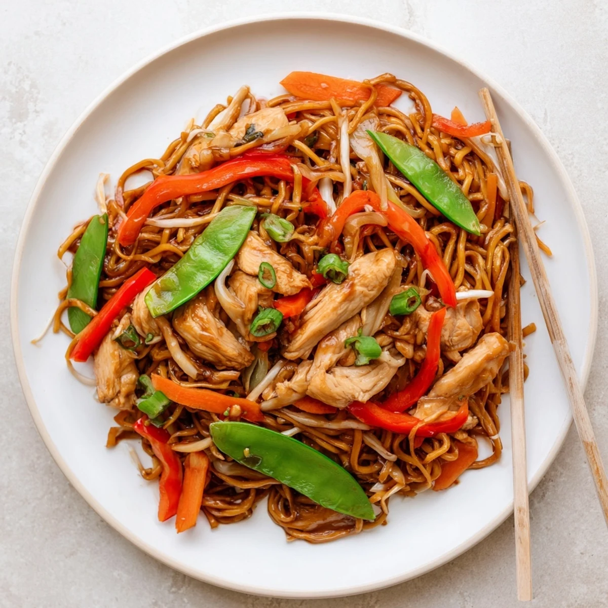 Golden-brown noodles and tender chicken pieces glisten in a skillet with crisp vegetables and bean sprouts for this homemade Chicken Chow Mein.