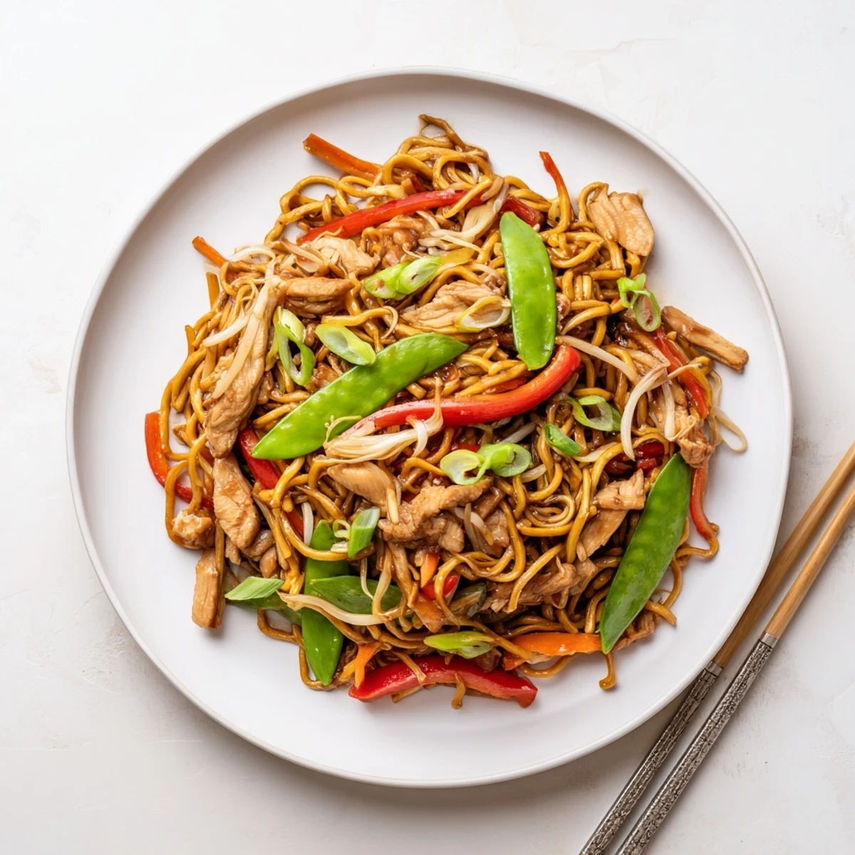 A close-up of Chicken Chow Mein highlights saucy noodles mixed with chicken, carrots, bell peppers, and snow peas on a white plate.