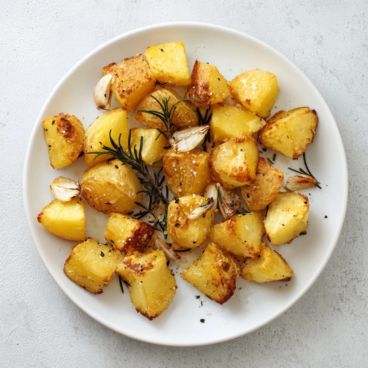 A close-up of golden Perfect Crispy Roast Potatoes glistening with oil, rosemary sprigs, and smashed garlic on a dark pan.