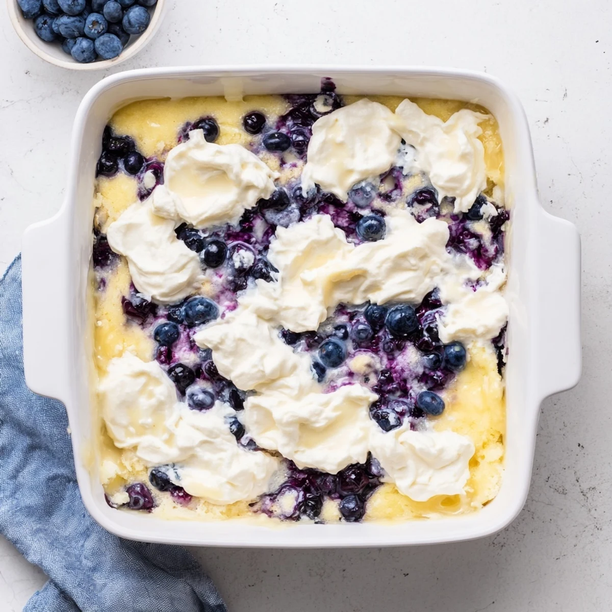 Golden lemon blueberry cheesecake dump cake with bubbling fruit filling and buttery cake topping