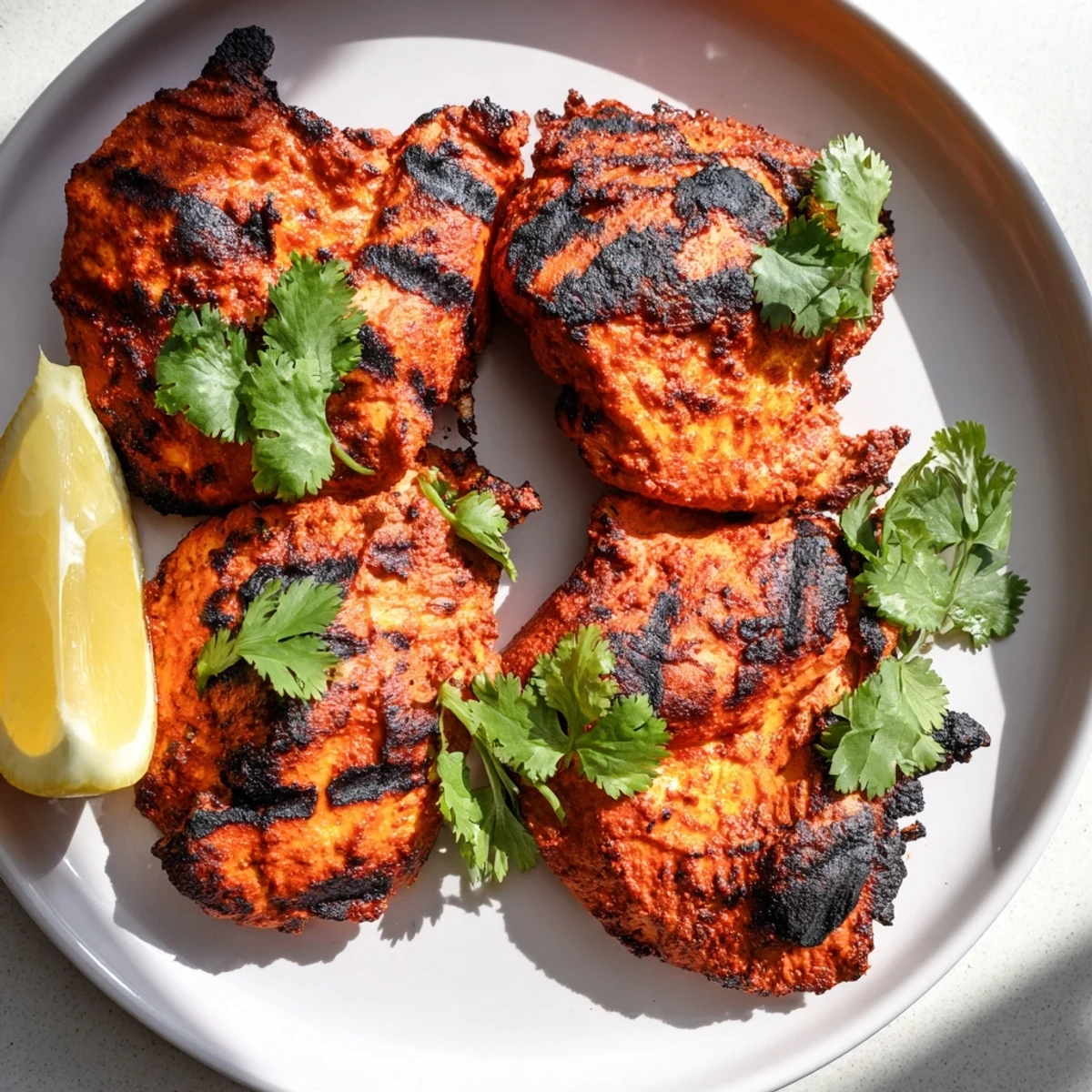 Golden grilled tandoori chicken with charred edges and fresh cilantro garnish on a white serving plate