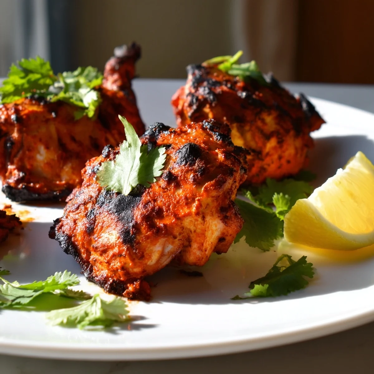 Succulent Indian spiced chicken thighs showing beautiful grill marks and smoky charred spots