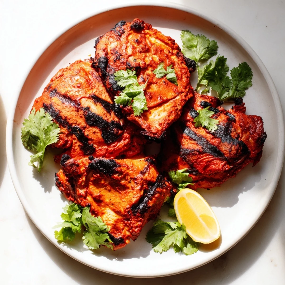 Tandoori chicken pieces resting on a platter with lemon wedges and vibrant green herbs