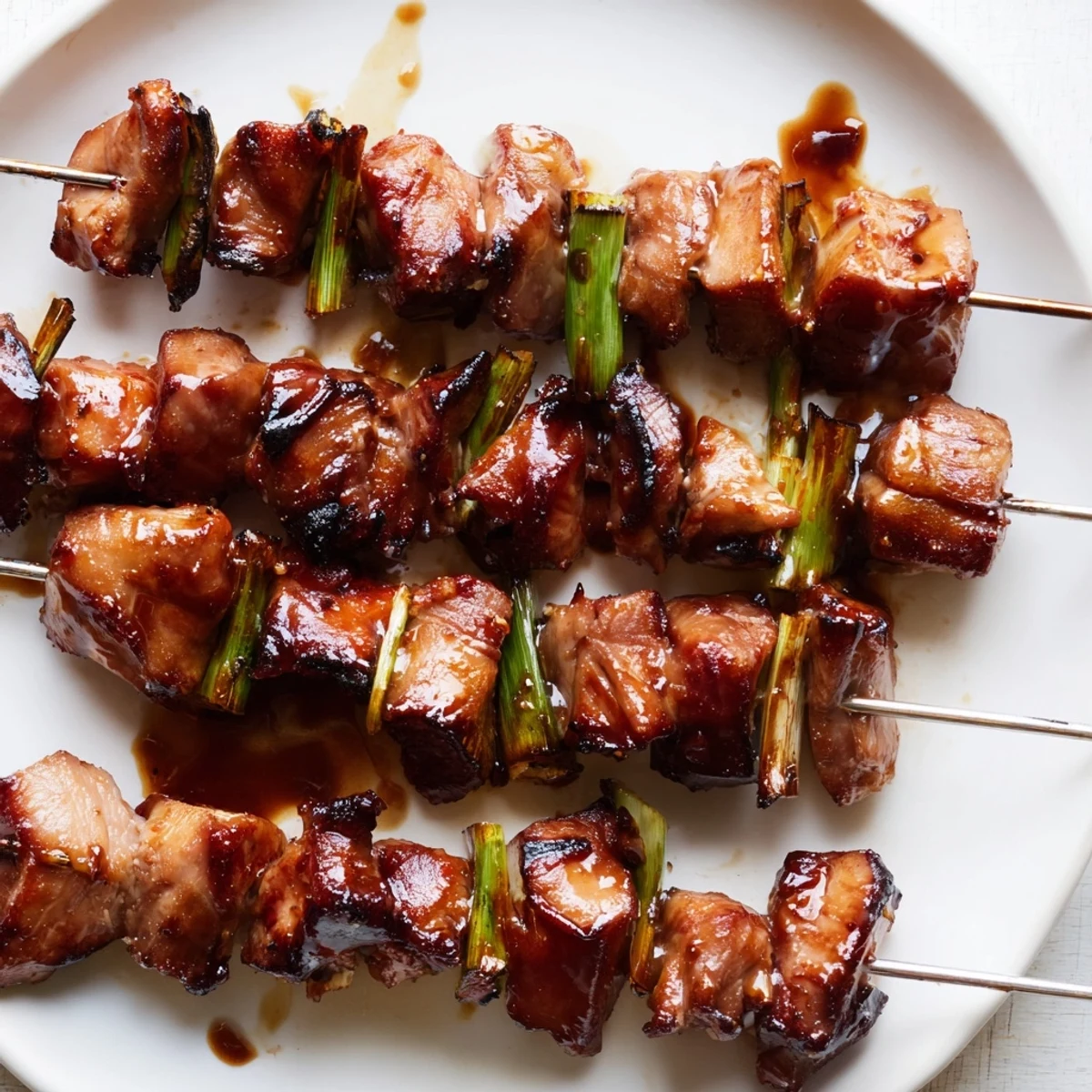 Golden Japanese chicken yakitori skewers glazed with glossy tare sauce on a grill