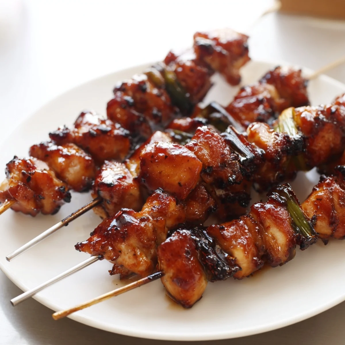 Charred chicken yakitori threaded with green onions brushed with savory-sweet homemade tare