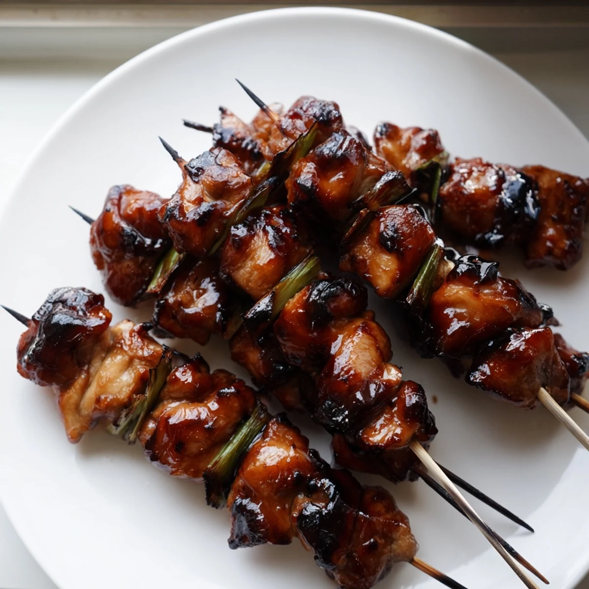 Juicy chicken yakitori on bamboo skewers featuring caramelized glaze and scallion pieces