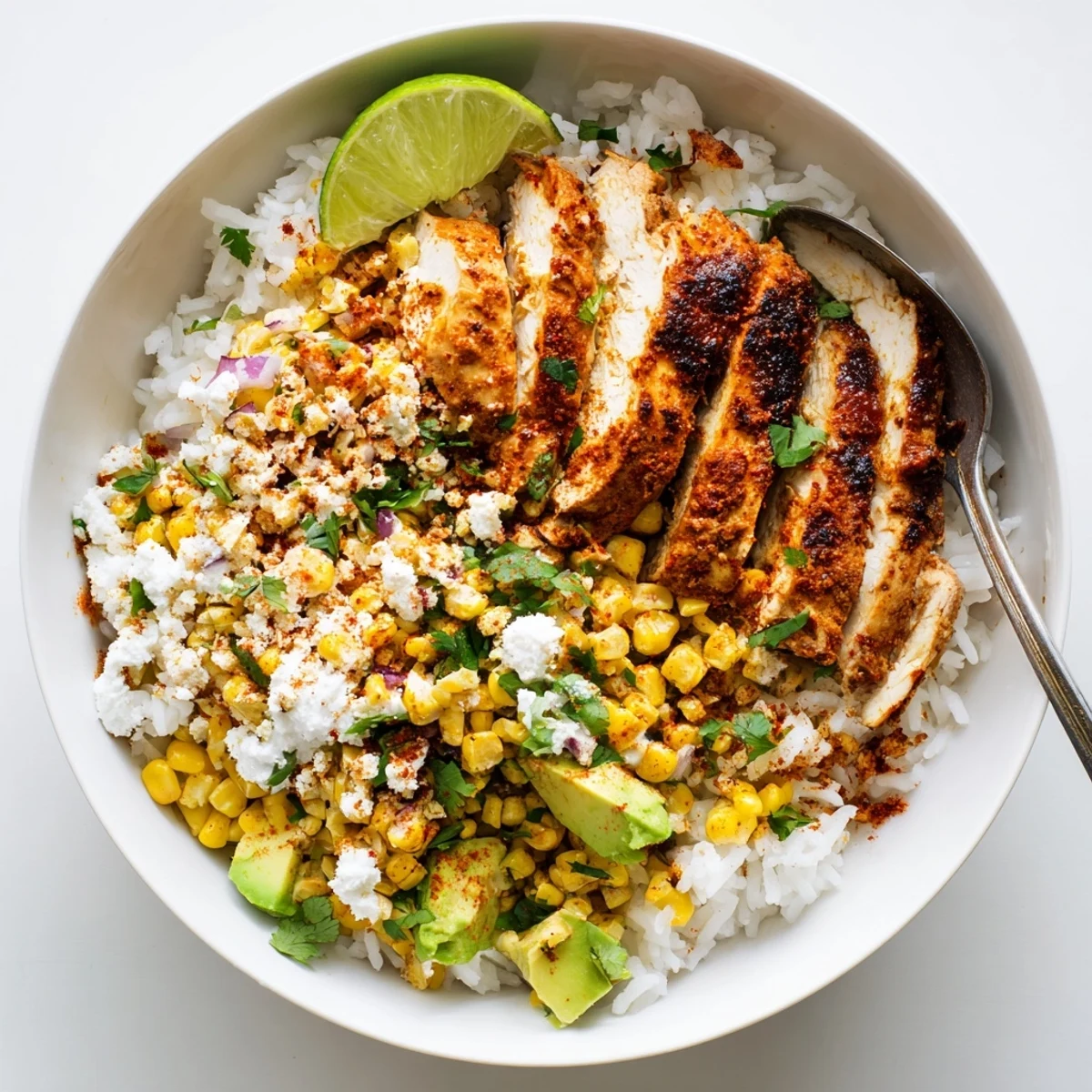 Vibrant street corn chicken rice bowl featuring grilled spiced chicken, creamy charred corn, sliced avocado, and fluffy rice garnished with fresh cilantro and lime wedges