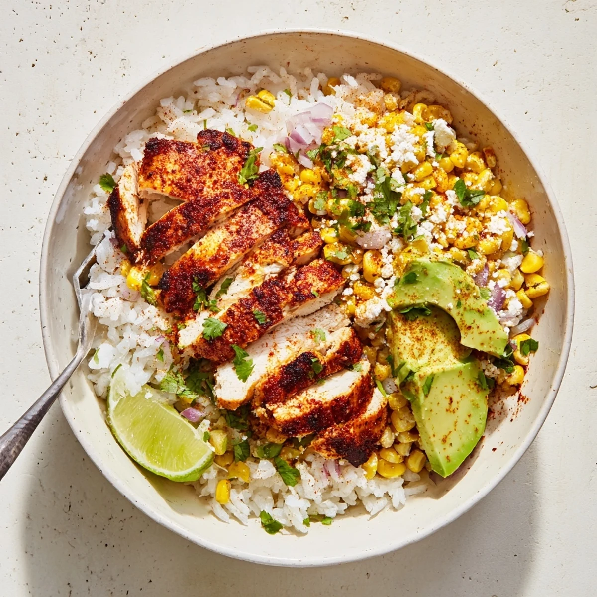 Fluffy white rice topped with juicy seasoned chicken, zesty street corn mixture with cotija cheese, creamy avocado slices, and diced red onion in a colorful layered bowl