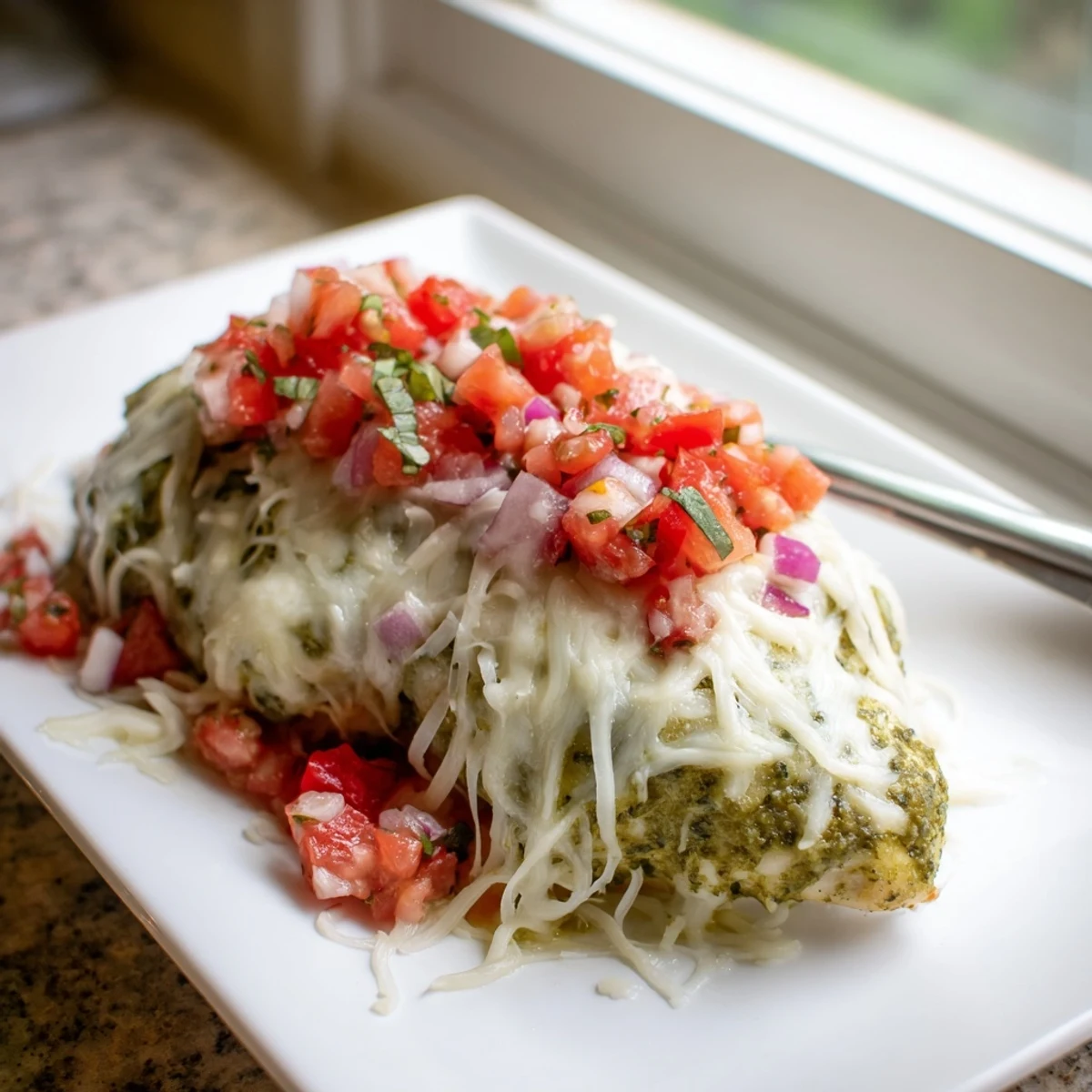 Golden baked Pesto Bruschetta Chicken topped with melted mozzarella and fresh tomato basil bruschetta