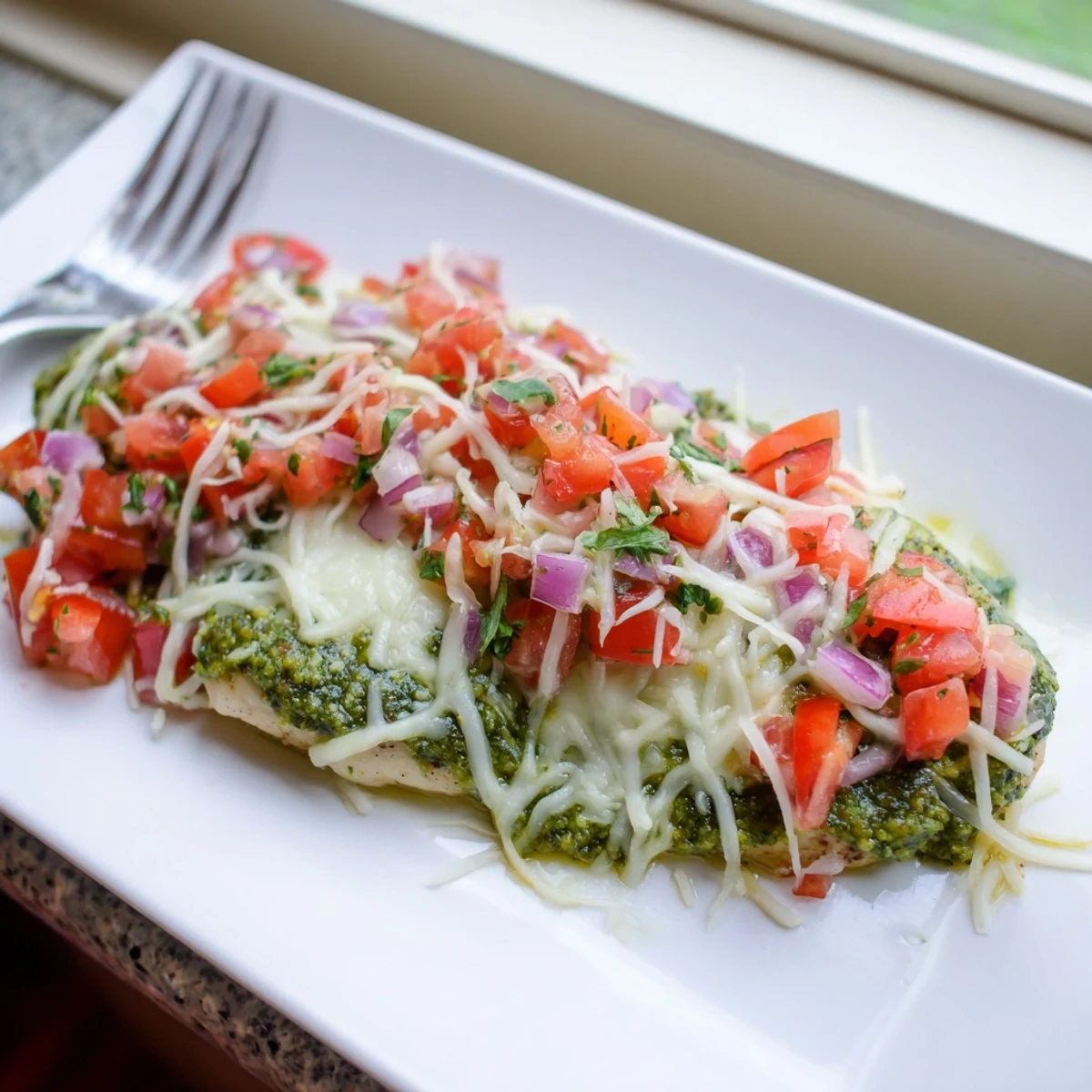 Bubbling mozzarella covers tender Pesto Bruschetta Chicken with vibrant diced tomatoes and fragrant basil pesto