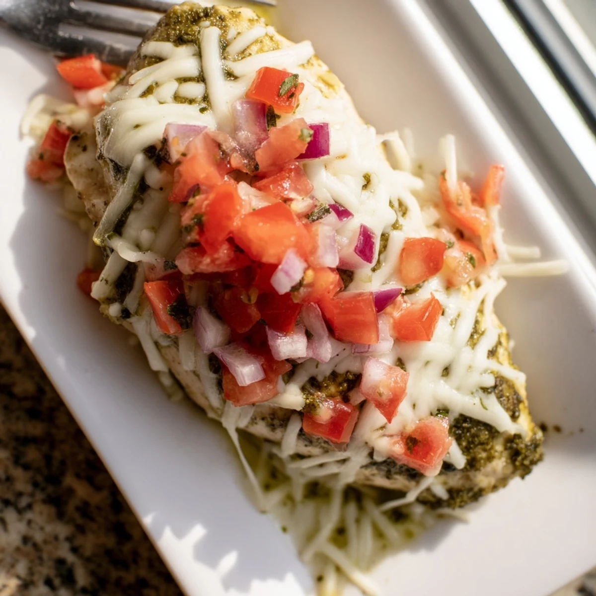 Savory baked chicken breasts layered with green pesto, juicy tomato bruschetta topping, and gooey melted cheese