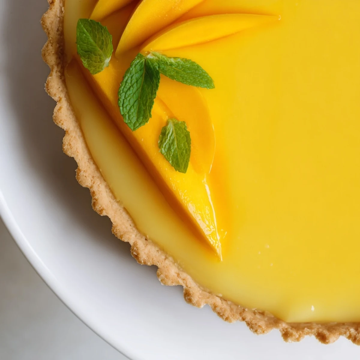 Elegant mango curd tart with smooth yellow filling and crisp golden pastry shell