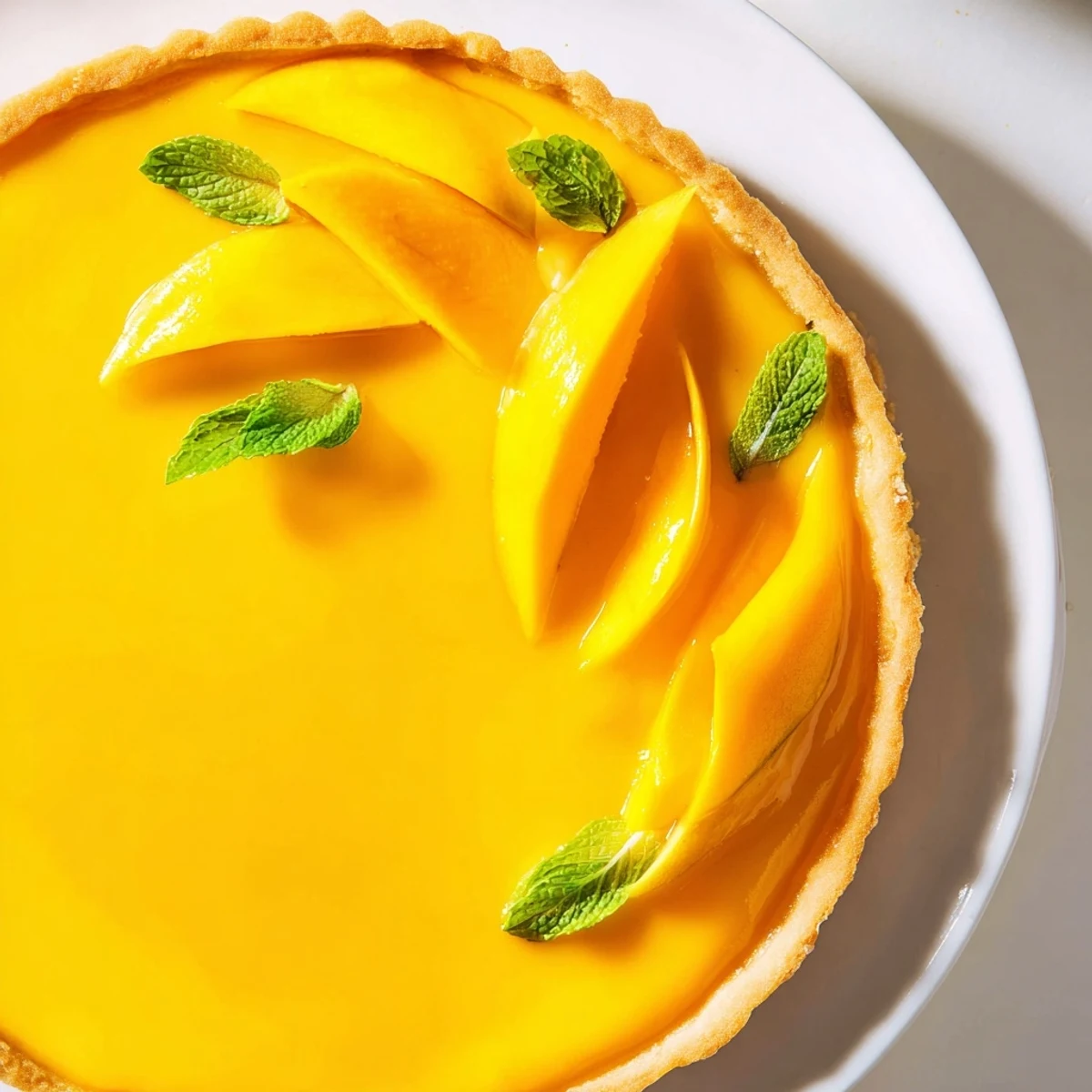 Silky mango curd tart in buttery crust topped with vibrant fresh mango wedges