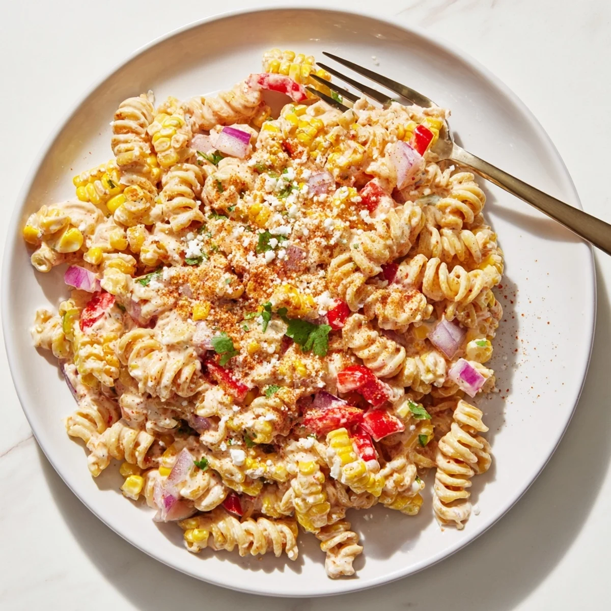Colorful street corn pasta salad tossed in creamy dressing with charred corn kernels and crumbled cotija cheese