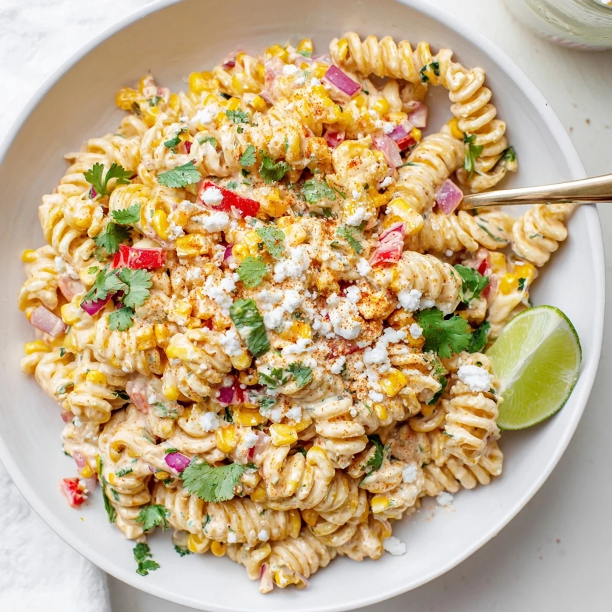 Vibrant bowl of juicy street corn pasta salad featuring roasted corn, red peppers, and zesty lime-infused mayonnaise dressing